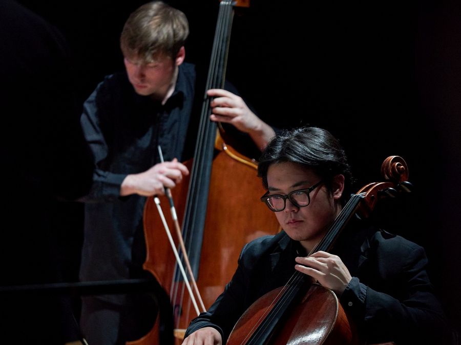 Kontrabassist und Cellist spielen zusammen auf der Bühne